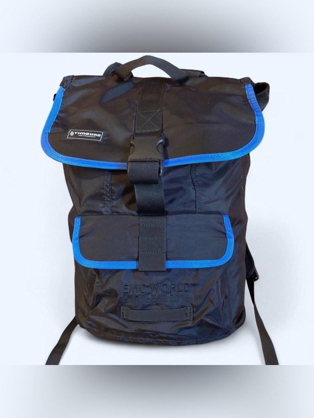 Timbuk2 Moby Laptop Backpack Black Blue Flap Commuter NWOT EMC World